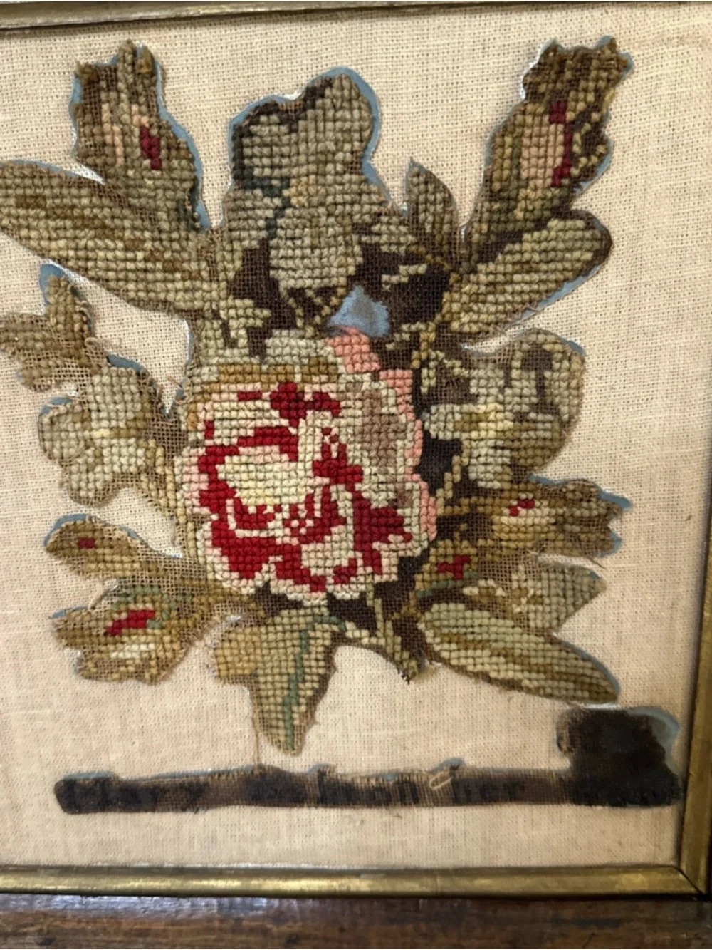 ANTIQUE PRE 1900 FRAMED NEEDLEPOINT